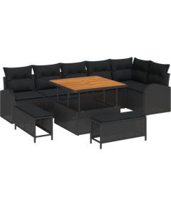 9-częściowy zestaw sofy ogrodowej vidaXL z poduszkami czarny polirattan akacja Dārza mēbeļu komplekti
