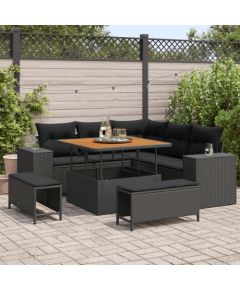 Zestaw sof ogrodowych vidaXL 8-częściowy z poduszkami czarny poli rattan akacja Dārza mēbeļu komplekti