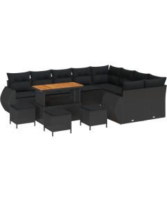 Zestaw sofy ogrodowej vidaXL 13 częściowy z poduszkami Czarny Polirattan Akacja Dārza mēbeļu komplekti