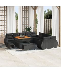 vidaXL 13-częściowy zestaw sof ogrodowych z poduszkami Czarny Polirattan Akacja Dārza mēbeļu komplekti