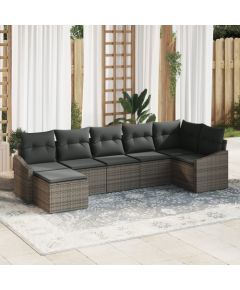 vidaXL 7-częściowy zestaw do jadalni ogrodowej z poduszkami Szary poli rattan Dārza mēbeļu komplekti