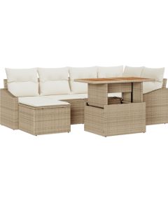 vidaXL Zestaw 7-częściowy do jedzenia w ogrodzie z poduszkami Beżowy Polirattan Akacja Dārza mēbeļu komplekti