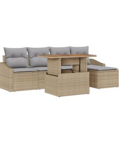 vidaXL 6-częściowy zestaw do jadalni w ogrodzie z poduszkami Beżowy Poli Rattan Akacja Dārza mēbeļu komplekti