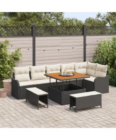Vidaxl Zestaw 9-elementowy sof ogrodowych z poduszkami Czarny polirattan Akacja Dārza mēbeļu komplekti