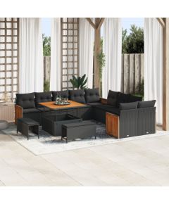 Vidaxl Zestaw 13-częściowy Sofy Ogrodowej z Poduszkami Czarny Polirattan Akacja Dārza mēbeļu komplekti