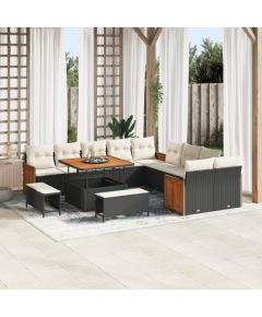 Vidaxl Zestaw 13 częściowy sof ogrodowych z poduszkami Czarny Polirattan Akacja Dārza mēbeļu komplekti