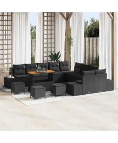 Zestaw sofy ogrodowej vidaXL 14-częściowy z poduszkami czarny polirattan akacja Dārza mēbeļu komplekti