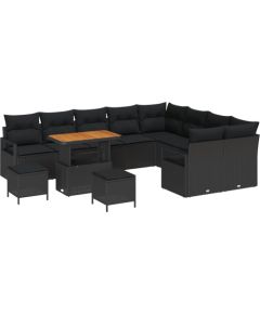 Zestaw sofy ogrodowej vidaXL 12-częściowy z poduszkami czarny polirattan akacja Dārza mēbeļu komplekti