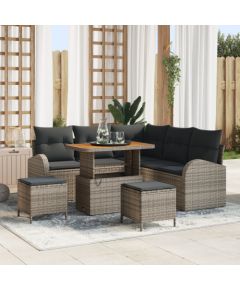 8-elementowy zestaw sofy ogrodowej vidaXL z poduszkami szarym z polirattanu i akacji Dārza mēbeļu komplekti