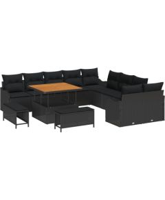 Zestaw Sofy Ogrodowej vidaXL 13 Częściowy z Poduszkami Czarny Polirattan Akacja Dārza mēbeļu komplekti