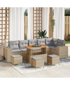 Zestaw sofy ogrodowej vidaXL 10-częściowy z poduszkami Beżowy Polirattan Akacja Dārza mēbeļu komplekti