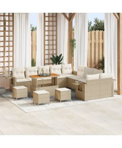 Zestaw Sofy Ogrodowej vidaXL w 14 elementach z poduszkami Beżowy Polirattan Akacja Dārza mēbeļu komplekti
