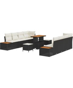 Zestaw sofy ogrodowej vidaXL z 11 elementami z poduszkami - Czarny polirattan akacjowy, Sofa ogrodowa vidaXL 2-osobowa z miejscem na przechowywanie i poduszkami - Czarny polirattan, Zestaw do jedzenia ogrodowego vidaXL 3 elementy z poduszkami - Czarny pol Dārza mēbeļu komplekti