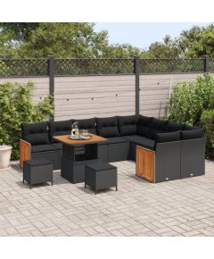 Zestaw kanapowy vidaXL 12-częściowy z poduszkami czarny polirattan akacja, Zestaw jadalny vidaXL 3-częściowy z poduszkami czarny polirattan akacja, Sofa ogrodowa dla 2 osób z poduszkami czarny polirattan Dārza mēbeļu komplekti