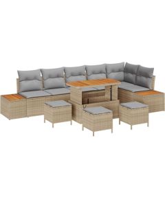 Zestaw Sofy Ogrodowej vidaXL 9 elementów z Poduszkami Beżowy Polirattan Akacja, Zestaw do Jadalni vidaXL 3 elementy z Poduszkami Beżowy Polirattan Akacja Dārza mēbeļu komplekti