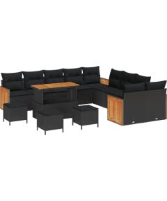 14-elementowy zestaw sofy ogrodowej vidaXL z poduszkami czarny polirattan akacja, 2-osobowa sofa ogrodowa vidaXL z poduszkami czarny polirattan, 4-elementowy zestaw obiadowy vidaXL z poduszkami czarny polirattan akacja Dārza mēbeļu komplekti