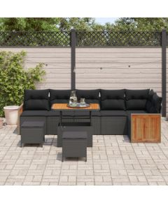 Vidaxl 9-częściowy zestaw kanap ogrodowych z poduszkami czarny polirattan akacja, Kanapa dla 2 osób z poduszkami czarny polirattan, 3-częściowy zestaw do jadalni ogrodowej z poduszkami czarny polirattan akacja Dārza mēbeļu komplekti