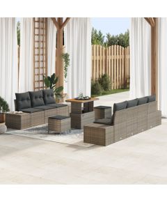 Vidaxl Zestaw 10 częściowy sof ogrodowych z poduszkami Szary polirattan akacja, Sofa ogrodowa 2-osobowa z poduszkami Szary polirattan, 3-częściowy zestaw jadalny ogrodu z poduszkami Szary polirattan akacja Dārza mēbeļu komplekti