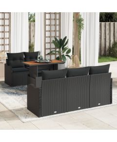 Zestaw ogrodowy vidaXL 6 części z poduszkami czarny polirattan, 2-osobowa sofa ogrodowa vidaXL z schowkiem i poduszkami czarny polirattan Dārza mēbeļu komplekti