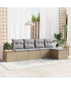 Zestaw 5-częściowy sof ogrodowych vidaXL z poduszkami w beżu z polirattanu, akacji, 2-osobowa sofa ogrodowa vidaXL z miejscem do przechowywania i poduszkami w beżu z polirattanu Dārza mēbeļu komplekti