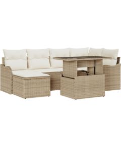 Zestaw 7-elementowy sofa ogrodowa vidaXL z poduszkami Beżowy Rattan poliester, Sofa ogrodowa dla dwóch osób vidaXL z przechowalnią i poduszkami Beżowy Rattan poliester Dārza mēbeļu komplekti