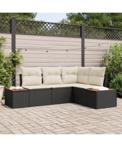 vidaXL Zestaw 4-częściowy sofy ogrodowej z poduszkami czarna poli rattanowa acacia Dārza mēbeļu komplekti