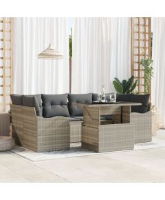 Vidaxl 7-częściowy zestaw sof ogrodowych z poduszkami jasnoszary z polirattanu, Dwuosobowa sofa ogrodowa z miejscem na przechowywanie i poduszkami jasnoszary z polirattanu Dārza mēbeļu komplekti