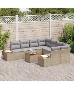 Vidaxl 9-częściowy zestaw sof ogrodowych z poduszkami Beżowy Polirattan Akacja, Sofa 2-osobowa z przechowywaniem i poduszkami Beżowy Polirattan Dārza mēbeļu komplekti