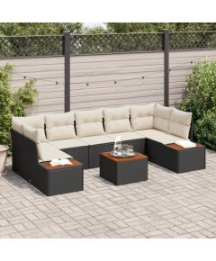 Zestaw sofy ogrodowej vidaXL 8 częściowy z poduszkami czarny poli rattan akacja, Zestaw sofy ogrodowej vidaXL 2-osobowy z schowkiem i poduszkami czarny poli rattan Dārza mēbeļu komplekti