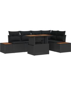 vidaXL Zestaw jadalny ogrodowy 6 części z poduszkami, czarny polirattan akacja Dārza mēbeļu komplekti