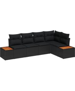 vidaXL Zestaw 5 Odsłon Sofy Ogrodowej z Poduszkami Czarny Poli Rattan Akacja Dārza mēbeļu komplekti
