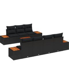 vidaXL Zestaw 8-osobowy sof ogrodowych z poduszkami Black Polirattan Acacia Dārza mēbeļu komplekti