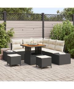 Vidaxl 8-elementowy zestaw sof ogrodowych z poduszkami Czarny Polirattan Akacja, 2-osobowa sofa ogrodowa z miejscem na przechowywanie i poduszkami Czarny Polirattan, 3-elementowy zestaw jadalny ogrodowy z poduszkami Czarny Polirattan Akacja Dārza mēbeļu komplekti