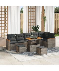 Vidaxl Zestaw sof ogrodowych 9-częściowy z szarymi poduszkami polirattan akacja, Zestaw jadalny ogrodowy 3-częściowy z szarymi poduszkami polirattan akacja Dārza mēbeļu komplekti