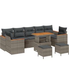 Sofa ogrodowa vidaXL w 10 częściach z poduszkami Szary Polirattan Akacja, Zestaw jadalny w 3 częściach vidaXL z poduszkami Szary Polirattan Akacja Dārza mēbeļu komplekti