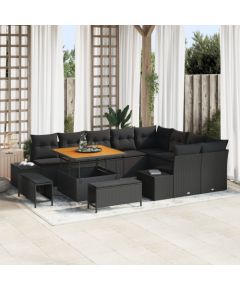 Zestaw sofy ogrodowej vidaXL 12-częściowy z poduszkami czarny polirattan akacja, Zestaw do jadalni na zewnątrz vidaXL 3-częściowy z poduszkami czarny polirattan akacja, Sofa ogrodowa vidaXL dwuosobowa z poduszkami czarny polirattan Dārza mēbeļu komplekti