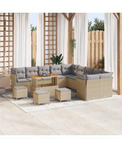 14-częściowy zestaw wypoczynkowy do ogrodu z poduszkami beżowy poli rattan akacja, Zestaw jadalny na świeżym powietrzu vidaXL 4 części z poduszkami beżowy poli rattan akacja Dārza mēbeļu komplekti