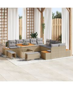 Vidaxl Zestaw sof ogrodowych 13-częściowy z poduszkami beżowy polirattan akacja, Sofa ogrodowa 2-osobowa z przechowalnią i poduszkami beżowy polirattan, Zestaw jadalniany 3-częściowy z poduszkami beżowy polirattan akacja Dārza mēbeļu komplekti