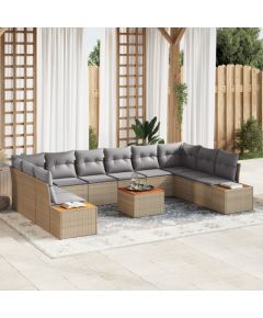 Vidaxl Zestaw sof ogrodowych 11-częściowy z poduszkami Beżowy Poli Rattan Akacja, 2-osobowa sofa ogrodowa z miejscem do przechowywania i poduszkami Beżowy Poli Rattan Dārza mēbeļu komplekti