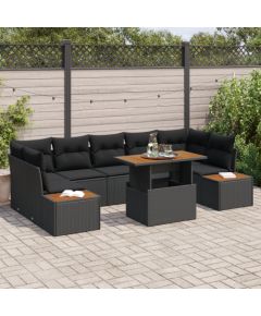 Vidaxl Zestaw ogrodowy 8-częściowy z poduszkami Czarny Poli Rattan Akacja Dārza mēbeļu komplekti