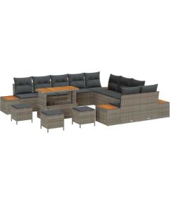 Zestaw sof ogrodowych vidaXL 13-częściowy z poduszkami Szary Polirattan Akacja, Sofa ogrodowa vidaXL 2-osobowa z miejscem do przechowywania i poduszkami Szary Polirattan, Zestaw do jadalni ogrodowej vidaXL 3-częściowy z poduszkami Szary Polirattan Aka Dārza mēbeļu komplekti