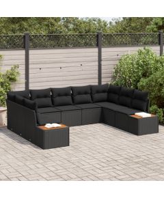 vidaXL 9-częściowy zestaw sof ogrodowych z poduszkami, czarny polirattan i akacja Dārza mēbeļu komplekti