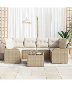 Zestaw 7-częściowy sof ogrodowych vidaXL z poduszkami Beżowy Polirattan, Sofa ogrodowa dwuosobowa vidaXL z miejscem na przechowywanie i poduszkami Beżowy Polirattan Dārza mēbeļu komplekti