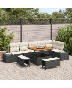 Vidaxl 9-częściowy zestaw sofy ogrodowej z poduszkami czarny polirattan akacja Dārza mēbeļu komplekti