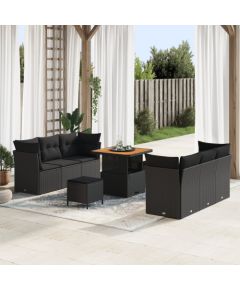 Vidaxl Zestaw ogrodowych sof 9 sztuk z poduszkami, czarny polirattan, akacja, Zestaw jadalny 3 sztuki z poduszkami, czarny polirattan, akacja Dārza mēbeļu komplekti