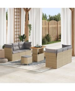 Vidaxl 9-elementowy zestaw sof ogrodowych z poduszkami beżowy z polirattanu i akacji, 3-elementowy zestaw do jadalni ogrodowej z poduszkami beżowy z polirattanu i akacji Dārza mēbeļu komplekti