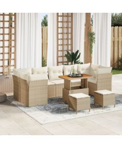 Vidaxl Zestaw 10-częściowy sofa ogrodowa z poduszkami beżowa polirattan akacja, Zestaw 3-częściowy stół ogrodowy z poduszkami beżowy polirattan akacja Dārza mēbeļu komplekti