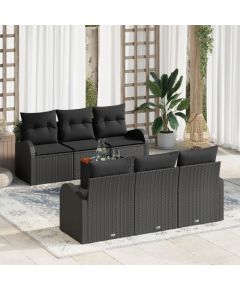 Vidaxl Zestaw 7-częściowy sof ogrodowych z poduszkami Czarny Polirattan Akacja Dārza mēbeļu komplekti
