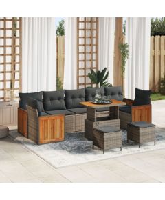 vidaXL 10-elementowy zestaw sofy ogrodowej z poduszkami szary polirattan drewno akacjowe, vidaXL 3-elementowy zestaw jadalny ogrodowy z poduszkami szary polirattan drewno akacjowe Dārza mēbeļu komplekti