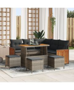 Zestaw Sofy Ogrodowej vidaXL 8 elementów z poduszkami Szary Polirattan Akacja, Zestaw Stołowy vidaXL 3 elementy z poduszkami Szary Polirattan Akacja Dārza mēbeļu komplekti